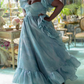 Classical Square Neck Blue Slit Prom Dress Ruffles Short Sleeve A-Line Evening Dress D0721