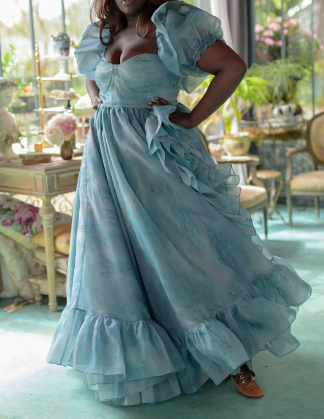 Classical Square Neck Blue Slit Prom Dress Ruffles Short Sleeve A-Line Evening Dress D0721