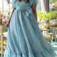 Classical Square Neck Blue Slit Prom Dress Ruffles Short Sleeve A-Line Evening Dress D0721