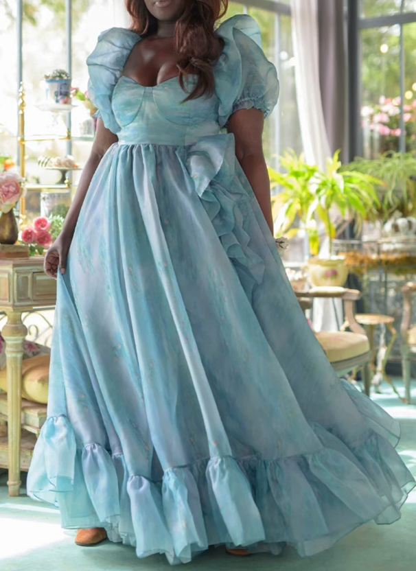 Classical Square Neck Blue Slit Prom Dress Ruffles Short Sleeve A-Line Evening Dress D0721
