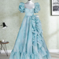 Classical Square Neck Blue Slit Prom Dress Ruffles Short Sleeve A-Line Evening Dress D0721
