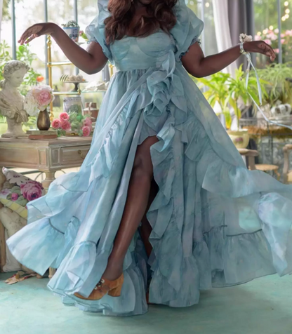 Classical Square Neck Blue Slit Prom Dress Ruffles Short Sleeve A-Line Evening Dress D0721