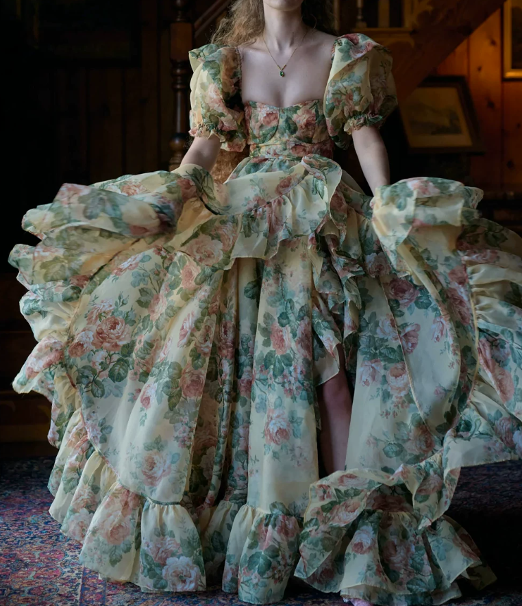 Romantic Square Neck Floral Prom Dress Ruffles Short Sleeve A-Line Evening Dress D0722