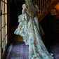 Romantic Square Neck Floral Prom Dress Ruffles Short Sleeve A-Line Evening Dress D0722