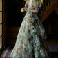 Romantic Square Neck Floral Prom Dress Ruffles Short Sleeve A-Line Evening Dress D0722