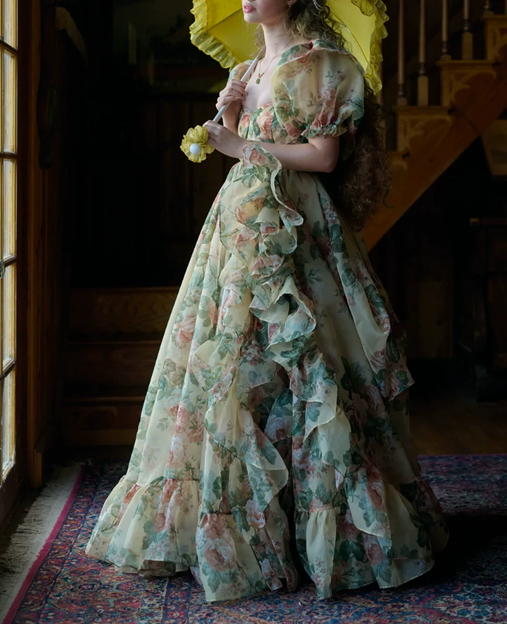 Romantic Square Neck Floral Prom Dress Ruffles Short Sleeve A-Line Evening Dress D0722