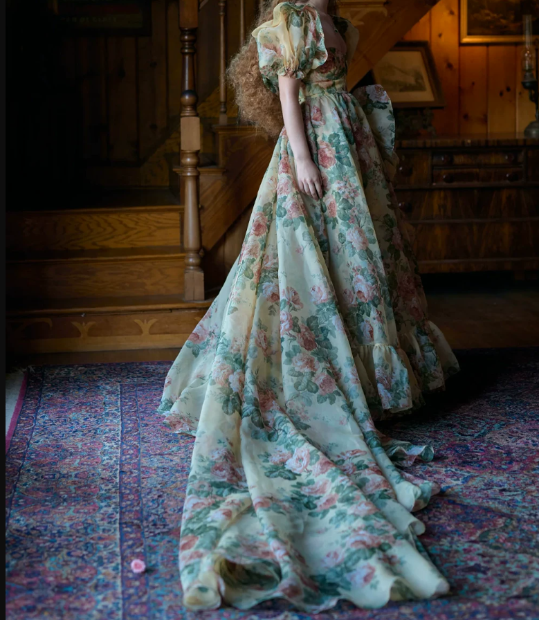 Romantic Square Neck Floral Prom Dress Ruffles Short Sleeve A-Line Evening Dress D0722