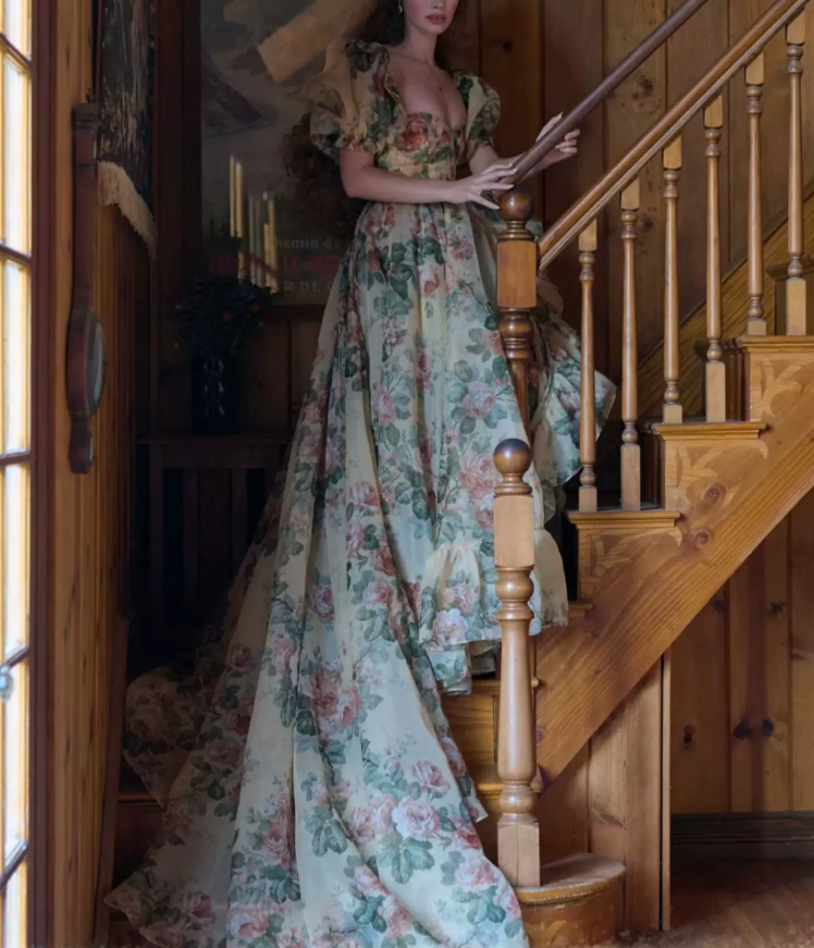 Romantic Square Neck Floral Prom Dress Ruffles Short Sleeve A-Line Evening Dress D0722
