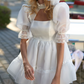 Elegant Square Neck Wedding Dresses White Ruffled Short A-Line Bridal Dress D0723