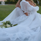 Unique Square Neck Wedding Dresses White Ruffled Short Sleeve A-Line Bridal Dress D0725