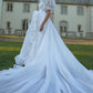 Unique Square Neck Wedding Dresses White Ruffled Short Sleeve A-Line Bridal Dress D0725