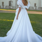 Unique Square Neck Wedding Dresses White Ruffled Short Sleeve A-Line Bridal Dress D0725