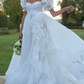 Unique Square Neck Wedding Dresses White Ruffled Short Sleeve A-Line Bridal Dress D0725