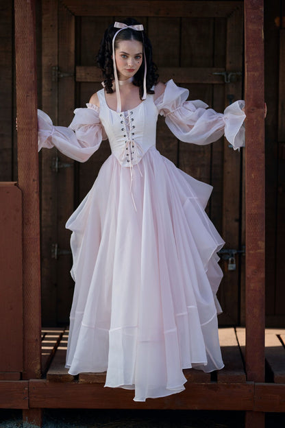 Adorable U Neck Pink Prom Dress Long Sleeve Ruffles A-Line Evening Dress D0726