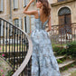 Vintage Spaghetti Straps Prom Dress Blue Floral A-Line Evening Dress D0728