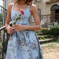 Vintage Spaghetti Straps Prom Dress Blue Floral A-Line Evening Dress D0728