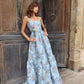 Vintage Spaghetti Straps Prom Dress Blue Floral A-Line Evening Dress D0728