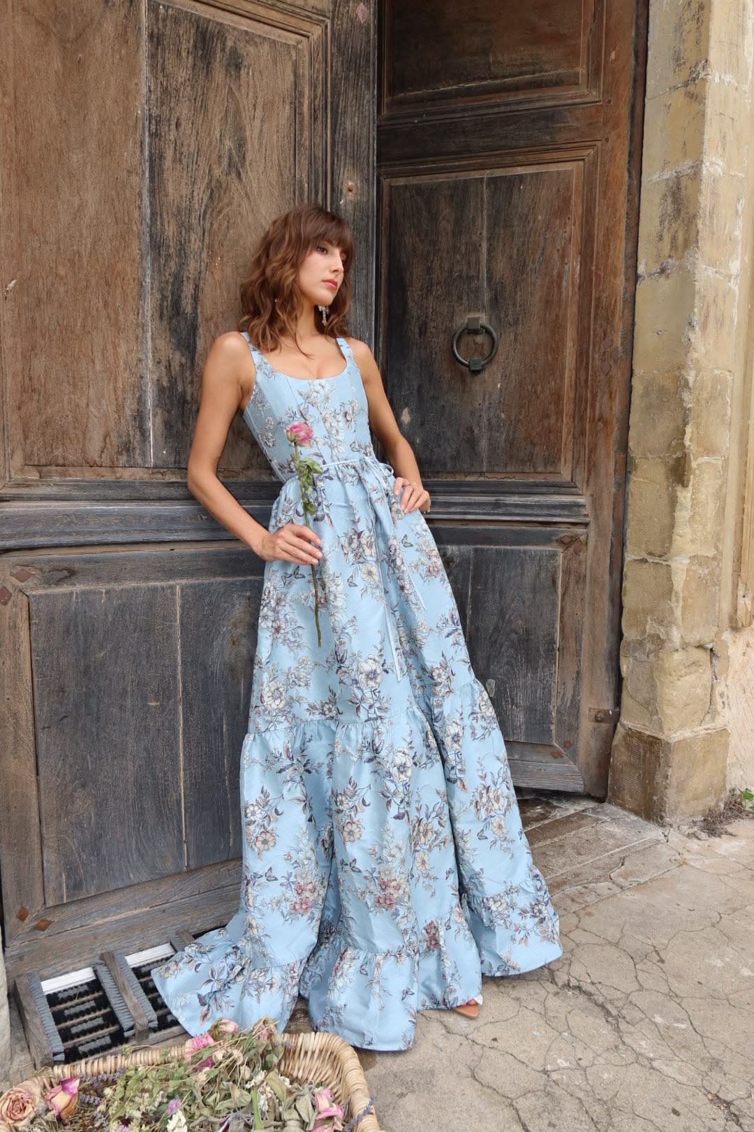 Vintage Spaghetti Straps Prom Dress Blue Floral A-Line Evening Dress D0728