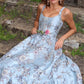 Vintage Spaghetti Straps Prom Dress Blue Floral A-Line Evening Dress D0728
