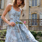 Vintage Spaghetti Straps Prom Dress Blue Floral A-Line Evening Dress D0728