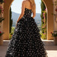 Trendy Strapless Black Ruffled Prom Dress Polka Dots Slit A-Line Evening Dress D0729