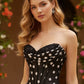Trendy Strapless Black Ruffled Prom Dress Polka Dots Slit A-Line Evening Dress D0729