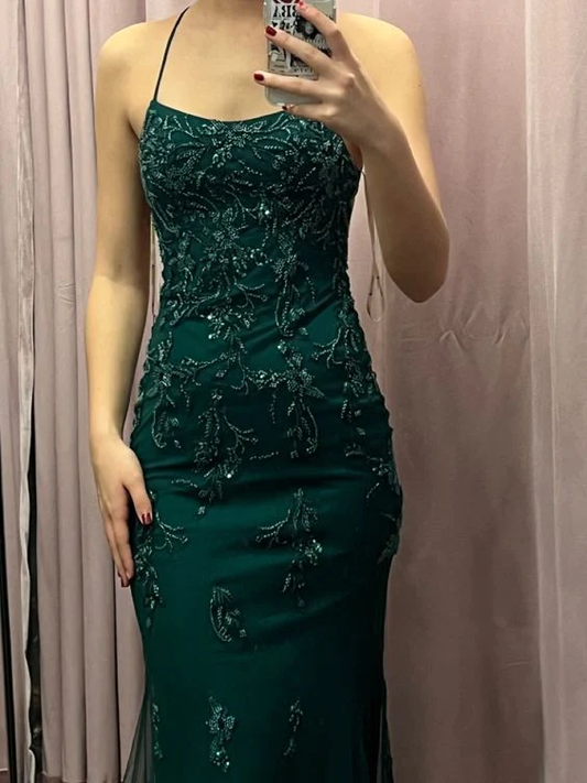 Sexy Mermaid Straps Lace Long Green Prom Dresses D072