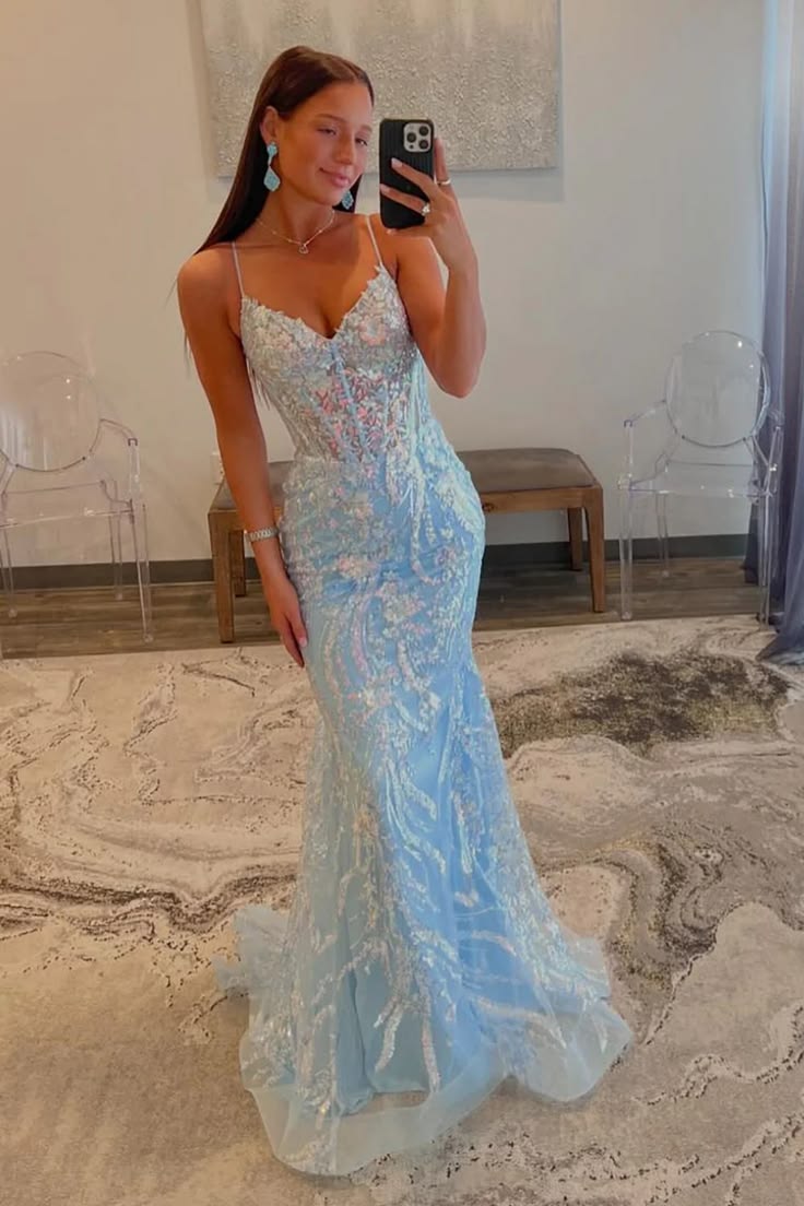 Fascinating Spaghetti Straps Long Prom Dress Blue Sequins Mermaid Evening Dress D0731