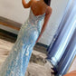 Fascinating Spaghetti Straps Long Prom Dress Blue Sequins Mermaid Evening Dress D0731