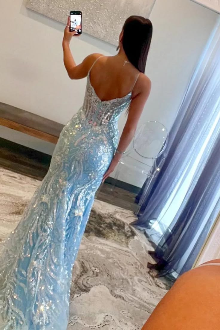 Fascinating Spaghetti Straps Long Prom Dress Blue Sequins Mermaid Evening Dress D0731