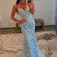 Fascinating Spaghetti Straps Long Prom Dress Blue Sequins Mermaid Evening Dress D0731
