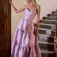 Glam Strapless Purple Prom Dress Floral Beads Slit Ruffled A-Line Evening Dress D0732