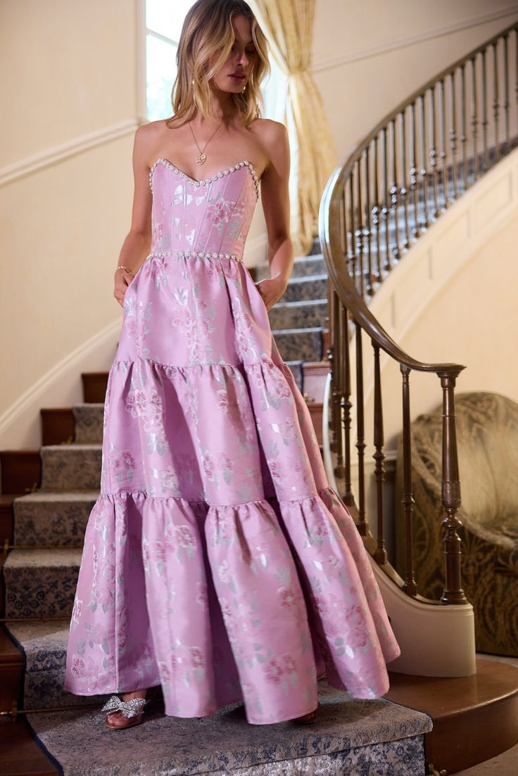 Glam Strapless Purple Prom Dress Floral Beads Slit Ruffled A-Line Evening Dress D0732