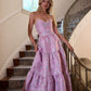 Glam Strapless Purple Prom Dress Floral Beads Slit Ruffled A-Line Evening Dress D0732
