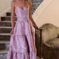 Glam Strapless Purple Prom Dress Floral Beads Slit Ruffled A-Line Evening Dress D0732