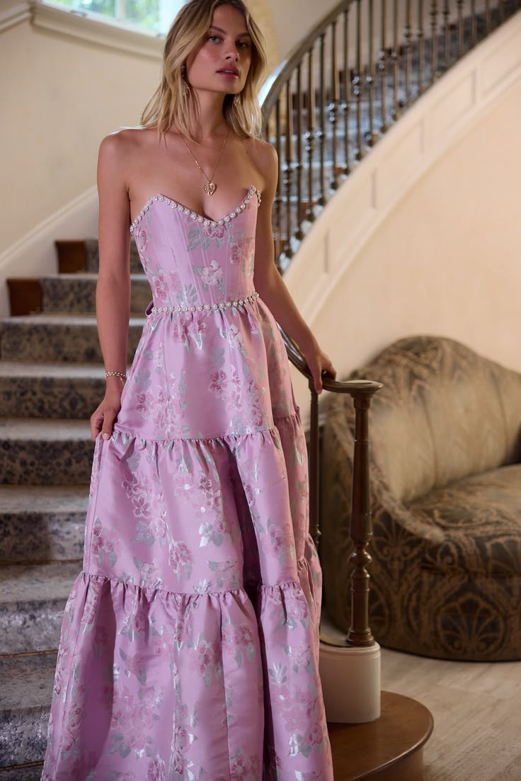 Glam Strapless Purple Prom Dress Floral Beads Slit Ruffled A-Line Evening Dress D0732
