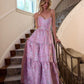 Glam Strapless Purple Prom Dress Floral Beads Slit Ruffled A-Line Evening Dress D0732