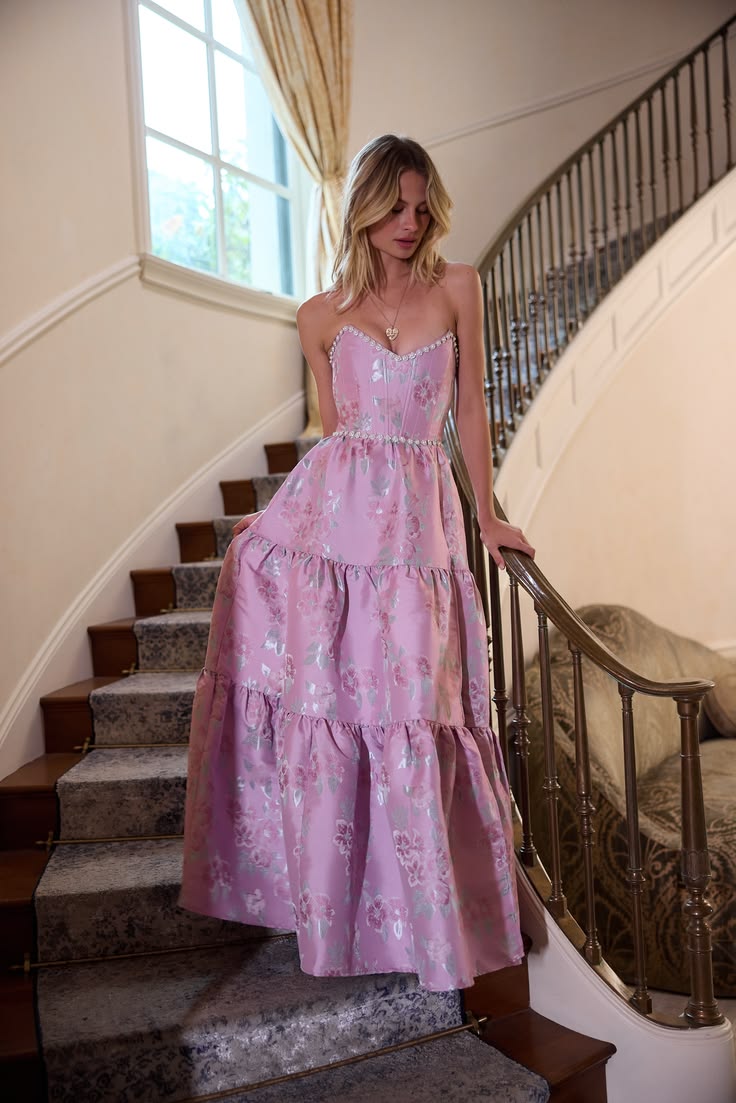 Glam Strapless Purple Prom Dress Floral Beads Slit Ruffled A-Line Evening Dress D0732