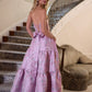 Glam Strapless Purple Prom Dress Floral Beads Slit Ruffled A-Line Evening Dress D0732