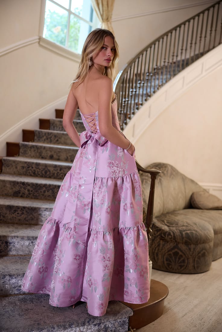 Glam Strapless Purple Prom Dress Floral Beads Slit Ruffled A-Line Evening Dress D0732