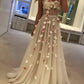 Lovely Spaghetti Straps Prom Dress Beige Appliques A-Line Evening Dress D0734