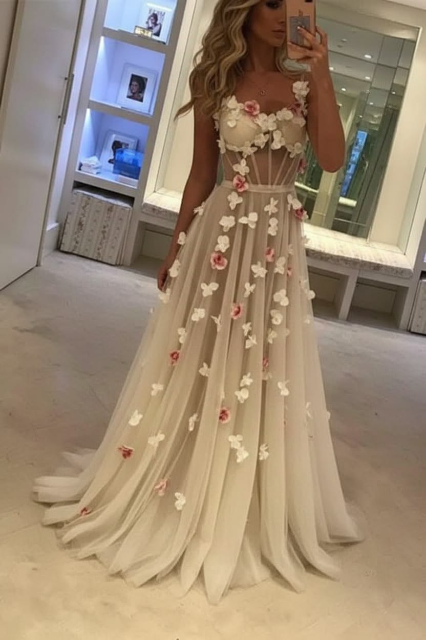 Lovely Spaghetti Straps Prom Dress Beige Appliques A-Line Evening Dress D0734