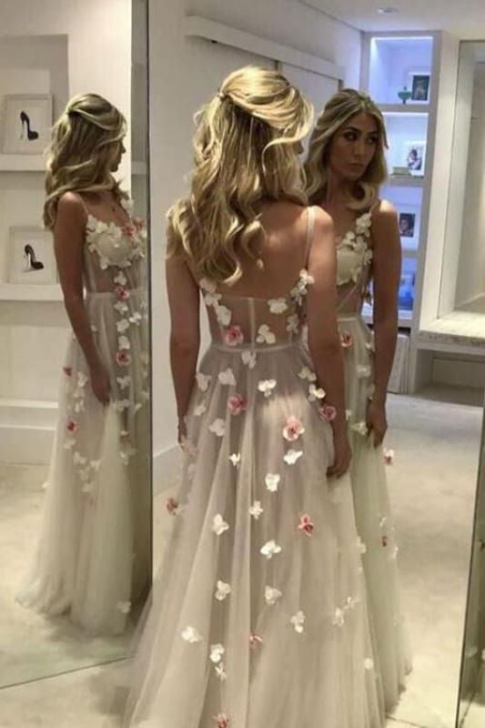 Lovely Spaghetti Straps Prom Dress Beige Appliques A-Line Evening Dress D0734