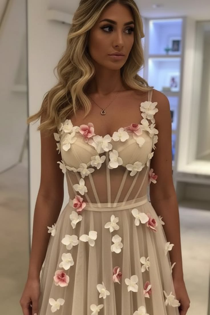 Lovely Spaghetti Straps Prom Dress Beige Appliques A-Line Evening Dress D0734