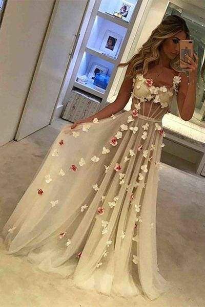 Lovely Spaghetti Straps Prom Dress Beige Appliques A-Line Evening Dress D0734