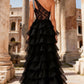 Chic One Shoulder Tiered Prom Dress Black Lace Beaded A-Line Evening Dress D0735