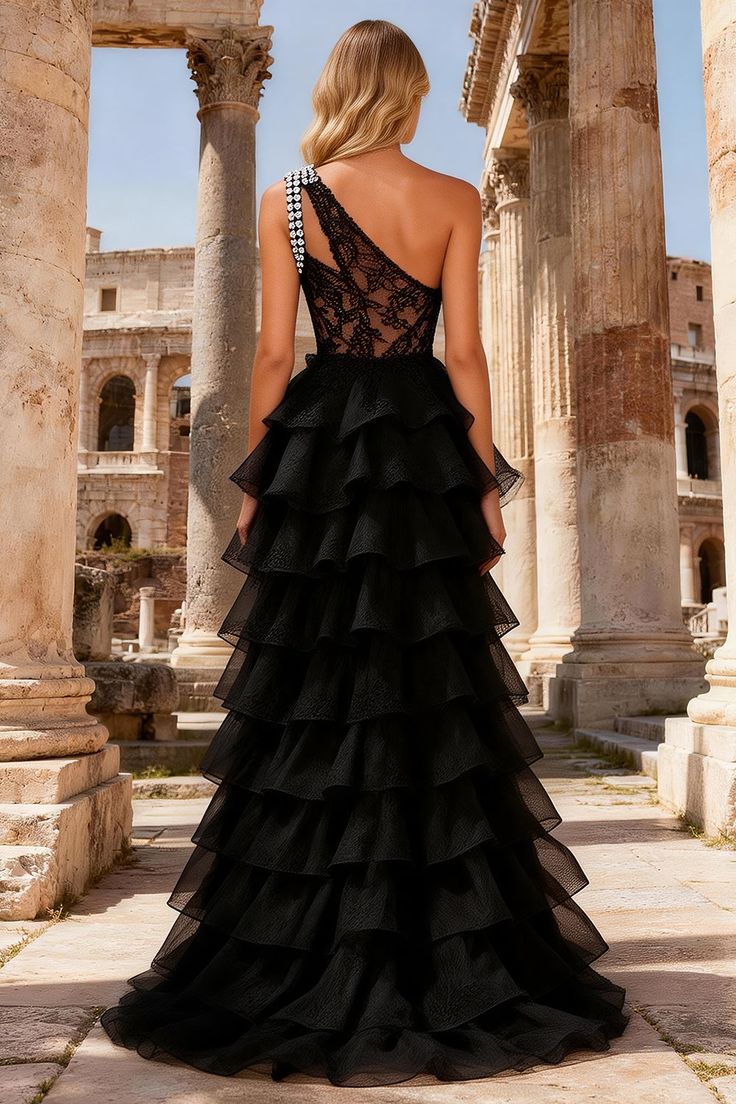 Chic One Shoulder Tiered Prom Dress Black Lace Beaded A-Line Evening Dress D0735