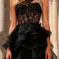 Chic One Shoulder Tiered Prom Dress Black Lace Beaded A-Line Evening Dress D0735