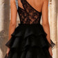 Chic One Shoulder Tiered Prom Dress Black Lace Beaded A-Line Evening Dress D0735