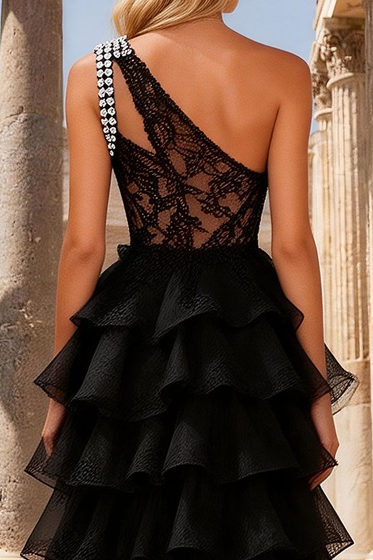Chic One Shoulder Tiered Prom Dress Black Lace Beaded A-Line Evening Dress D0735
